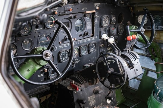 interior cockpit of an old WWII Douglas C47 Dakota aircraft