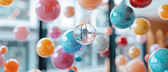 A playful cluster of multicolored spheres suspended in a bright, airy room evokes joy and whimsy with reflections dancing amidst the vibrant colors.