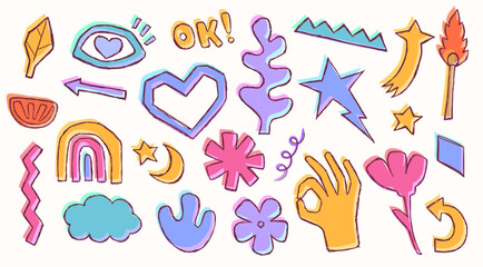 Hand drawn simple color elements set. Retro color design elements, geometric and organic abstract shape.