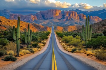 A beautiful road stretching in the middle of the desert with beautiful cacti