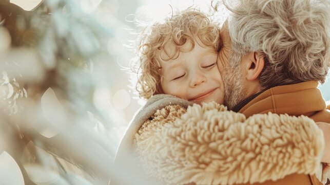 Grandfather embracing a child warmly in an outdoor setting with sunlight. Family love and bonding moment concept.