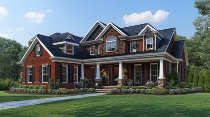 A beautiful two-story brick house with a landscaped yard and porch.