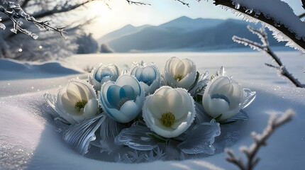 Winter scenery with frosty ice flowers with snow