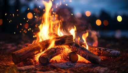 Naklejka premium Campfire on blur night atmosphere bokeh background. Closeup of a pile of firewood burning with orange and yellow flames