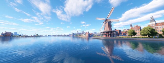 A serene Dutch landscape showcasing windmills against dramatic clouds and water reflections at twilight