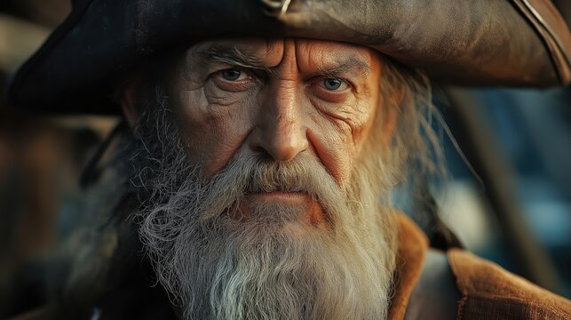 Close-up of the old man pirate captain face. Portrait of an old pirate captain in a hat.