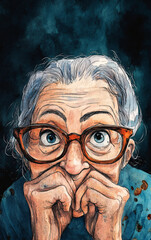 Playful and Vibrant Ink Portrait of Elderly Woman with Glasses, Expressing Personality and Charm through Colorful Artistic Style