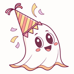 A cute cartoon ghost wearing a party hat and smiling, perfect for adding a touch of fun to your Halloween designs. This adorable illustration is ideal for greeting cards, invitations.