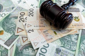 gavel hammer on polish loty zl pln money. Corruption concept