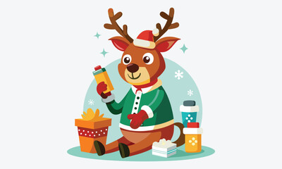 Fototapeta premium Christmas Day, Reindeer Repair Ointment vector white background illustration Generative Ai