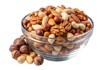 Mixed Nuts in Glass Bowl on White Background.  A clear glass bowl filled with a variety of mixed nuts, including almonds, cashews, walnuts and hazelnuts