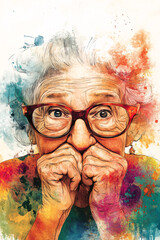 Playful and Vibrant Ink Portrait of Elderly Woman with Glasses, Expressing Personality and Charm through Colorful Artistic Style