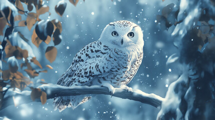 A snowy owl perched gracefully in a winter landscape, its white feathers blending seamlessly with the snow-covered surroundings.
