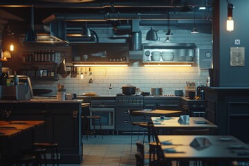 Interior of a professional empty restaurant kitchen