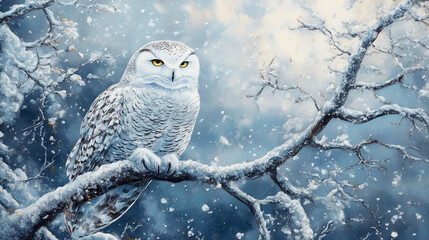 A snowy owl perched gracefully in a winter landscape, its white feathers blending seamlessly with the snow-covered surroundings.