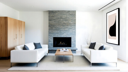 Two white sofas near fireplace against white wall with wooden cabinet and art poster. Scandinavian minimalist style home interior design of modern living room. 