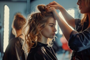 Hairdressers are preparing a model backstage at fashion show