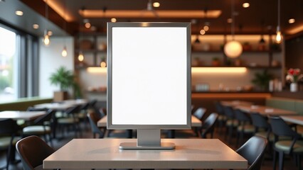 A blank display stand positioned on a table in a modern restaurant interior during daylight hours