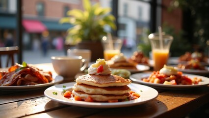 A delicious breakfast spread featuring fluffy pancakes topped with fruit and whipped cream at a cozy café during a sunny morning