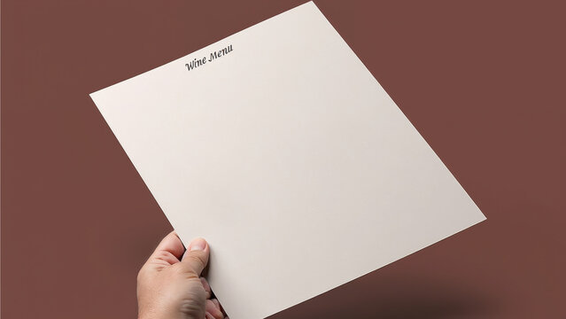 A hand holds a blank wine menu against a brown background, emphasizing simplicity in restaurant dining experiences