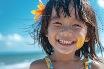 Portrait of a smiling little girl with sunscreen at the beach