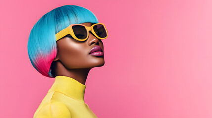 Beautiful African girl with neon bright color hair and glasses fashion shot