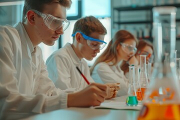 Students are conducting a chemistry experiment wearing googles