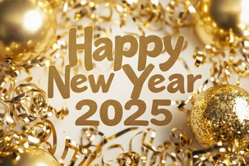 Golden Decorations Collage: Images of golden streamers and balloons. The text "Happy New Year 2025" in a shimmering, gold font.