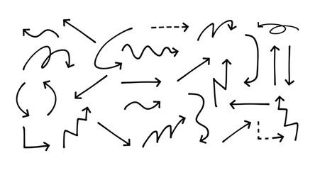 Simple set black hand-drawn arrows, lines. Various arrows in different style, different directions. Hand made lines for marketing, stories, social media icon, in different angles. Vector illustration