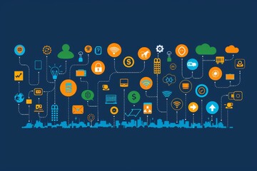 Obraz premium Innovative global network of interconnected devices using various technologies and icons showcasing their functionality and connectivity in a digital landscape