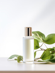 Minimalist Glass Cosmetic Bottle with Gold Cap and Green Leaves, Perfect for Skincare and Beauty Product Mockups