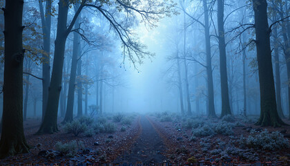 Naklejka premium Misty winter landscape with frosty grass and bare trees, creating a serene atmosphere