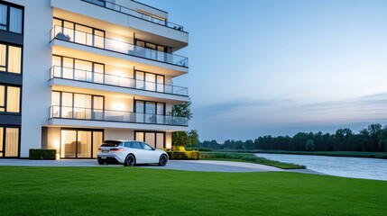 Vibrant night views of modern apartment architecture near a serene river in a Dutch city illuminated by LED lights