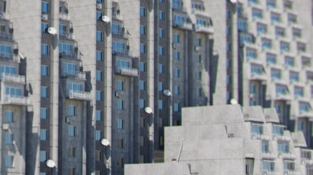 concrete apartment building, urban architecture, east-european, repetitive geometry, buildings move up and down in a seamless loop