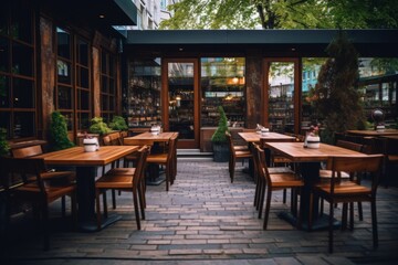 Exterior of a restaurant with wooden tables
