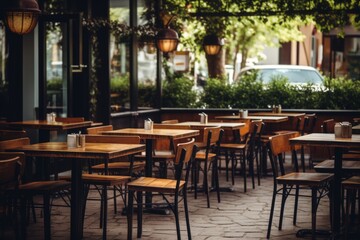 Obraz premium Exterior of a restaurant with wooden tables