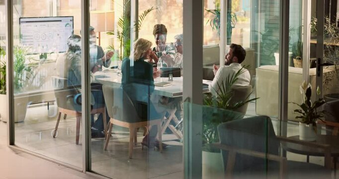 Glass, meeting and business people in office, applause and celebration with happiness. Employees, group and coworkers with gesture, clapping and achievement with success, creative project or teamwork