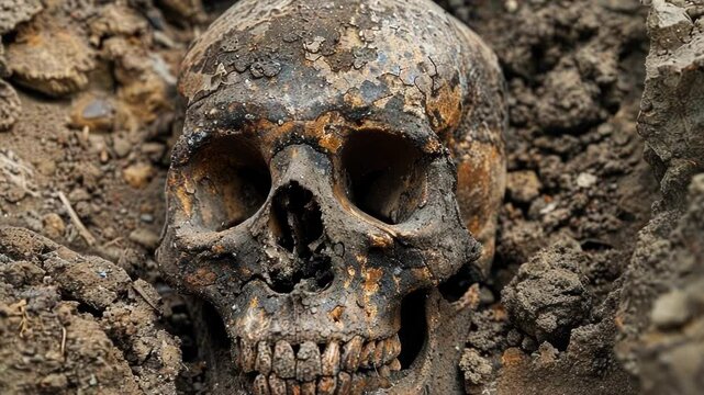 Closeup image of an excavated skull believed to be from a human ancestor thousands of years old found beneath the construction site.