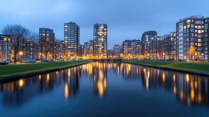 Fototapeta premium A serene night view of a modern apartment building in the Netherlands beside a tranquil river under a dark blue sky