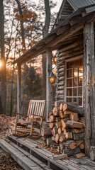 Log cabin with a rocking chair and a firewood stack, vertical background
