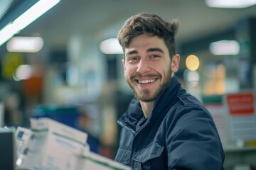 Smiling young male postman sorting in post office