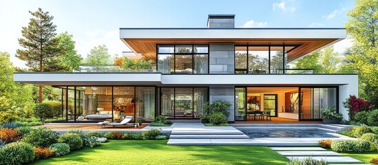 Modern house with large windows and landscaped garden in a serene setting.