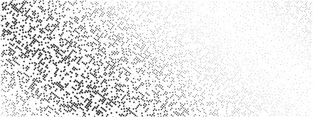 Black Noise Texture On White Background. Dotted Futuristic Backdrop. Halftone Comic Grunge Pattern. Irregular Grain Overlay Bg.