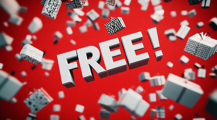 Fototapeta premium The word FREE is displayed in large, 3D letters against a red background, with small boxes falling from the sky