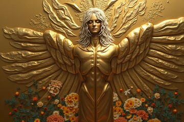 Obraz premium Majestic golden angel statue surrounded by floral decorations on a golden background