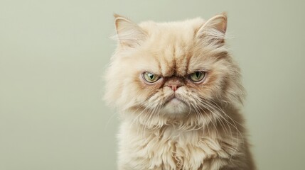 Fototapeta premium a grumpy-looking Persian cat with fluffy fur and piercing green eyes, set against a simple, plain background