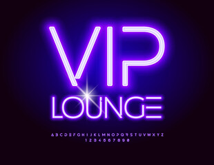 Vector glowing emblem VIP Lounge. Violet Neon Font. Trendy Alphabet Letters and Numbers set.