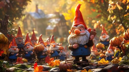 A whimsical scene featuring a group of cartoonish garden gnomes set in an autumn landscape. The central gnome, larger than the others, has a bright red pointed hat, a white beard, and is holding a sma