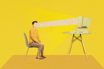 Composite collage picture image of employee brainwash computer propaganda social media internet...