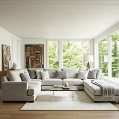 Fototapeta premium modern, cozy living room with a large, plush sectional sofa in a light gray, orange and white mixed color. 